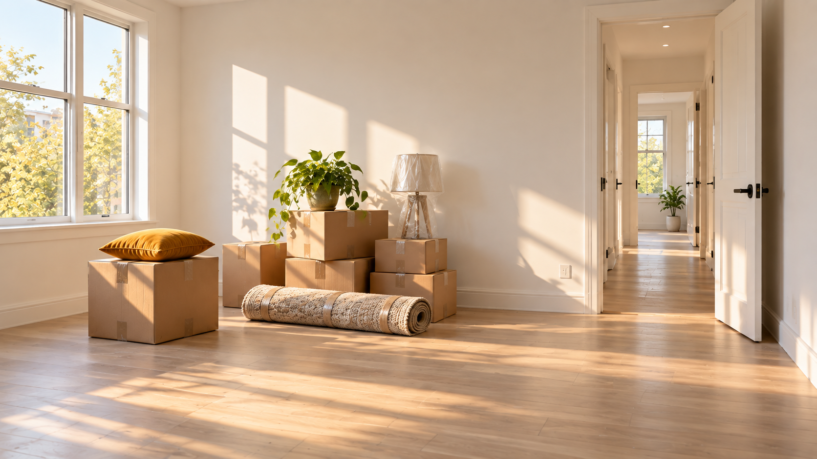 Moving boxes and new belongings in a bright, newly occupied apartment